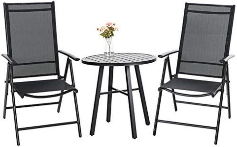 PHI VILLA 3 pcs Patio Bistro Set, Outdoor Bistro Furniture Set with 2 Reclining Folding Sling Chair & 1 Round Metal Side Table