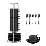 Houseables Espresso Cup Set, Espresso Cups Stackable, Expresso Cups, 19 Pieces, Black, Espresso Coffee Cups, Espresso Set, Demitasse Cups And Saucers Set, 6 Cups, 6 Saucers, 6 Spoons, Stand, Porcelain