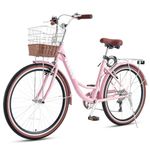 Viribus Women’s Comfort Bike, 66 cm 7 Speed Bicycle for Women, Beach & City Cruiser Bike with Shimano Derailleur Rattan Basket Steel Rack, Step Through Bike for Women Adults, Pink