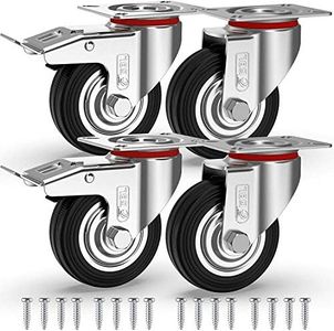 GBL Ruedas para Muebles Pesados con 2 Freno + Tornillos - 75mm Hasta 200kg - 4 Ruedas que No Dejan Marcas de Alta Resistencia - Ruedas Giratorias para Palets Engomadas - Plateado