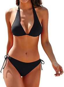 Women's Bikini Swimsuits Two Piece Bathing Suits Sexy Halter Thong Bikini Brazilian Bottom Tie Side Bikini Sets, Black, X-Small