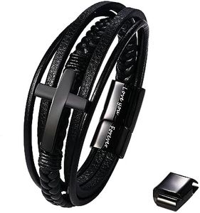 Flongo Bracciale da uomo in pelle con croce nera intrecciata in pelle con classico ciondolo a croce in acciaio inox e incisione Love You Forever regolabile, regalo per figlio, con biglietto d'amore,