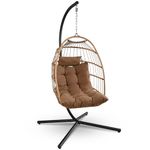 SereneLife Foldable Egg Chair - Rattan Wicker Hanging Swing Chair with Stand, Waterproof Cushion & Headrest, Cozy Outdoor/Indoor Egg Chair for Patio, Bedroom, Porch, Garden (Brown)