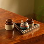 ExclusiveLane 'Desert Owl-Jar Pack' Handglazed Ceramic Salt & Pepper Shakers Set with Terracotta Toothpick Holder & Wooden Tray - Salt Pepper Set for Dining Table Fancy Salt Containers for Kitchen