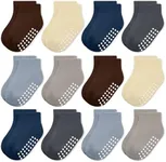 JAKIDAR 12-Pair Baby Socks Non-Slip Cotton Toddler Socks Ankle Socks for Baby Toddler Kids, Brown Indigo Blue Haze Khaki Gray 6-12M