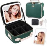 GERYUAEG Travel Makeup Bag with Mirror of LED Lighted, Rechargeable Cosmetic Train Case Artist Makeup Organizer for Women with Adjustable Dividers, Makeup Brushes Holder and Strap (Green)