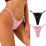 FULLJOYLOVE Women's Sexy Lace Mesh Hollow Panties Waist Belt Drill Seamless Knickers Ladies Stretchy Low Rise Bikini Briefs Hipster Lace Underwear for Female Black Pink 2 Pack