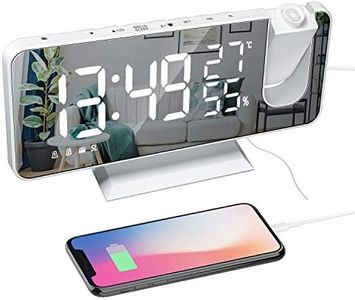 ThreeH Proyección Despertador con Cargador USB Proyector Giratorio 180 ° Despertador con Radio FM Pantalla de Espejo de 7.4 '' 2 Sonidos 4 Atenuador Blanco
