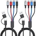 6 in 1 Multi Charging Cable 2Pack-6FT Multi USB Cable 3A Multi Charger Cable Braided Multiple Phone Charger Cable Universal USB A/C Charging Cord with 2*IP/Type C/Micro USB Port for Cell Phone/Tablets