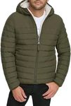 Calvin Klein Men's Hooded Down Jacket, Quilted Coat, Sherpa Lined, Olive, Small