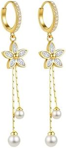 Trinckle Flower Dangle Earrings 14K Gold Plated Pearl Drop Earrings for Women, Gold Huggie Floral Earings for Girls with CZ as Prom Accessories Summer Jewelry, Dainty Hanging Wedding Gifts for Brides