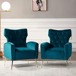 HULALA HOME Modern Wingback Velvet Accent Chairs Set of 2, Button Tufted Comfy Armchairs,Upholstered Sofa Chairs with Gold Legs, Fauteuil for Living Room & Bedroom, Teal