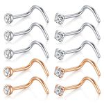 D.Bella Nose Rings 10Pcs 18G Nose Screw Rings Studs Surgical Steel Piercing Jewelry 2mm Clear CZ Silver, Stainless Steel, stainless steel
