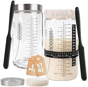 Rakovar 57oz Sourdough Starter Jar Set of 2, Large Wide Mouth Fermentation Jars with Measurement Scale, Temperature & Feeding Bands, Cloth Covers and Airtight Lids, Glass Food Storage Containers