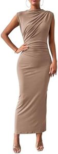 BTFBM Women Ruched Bodycon Maxi Dresses Summer Casual,Khaki,M