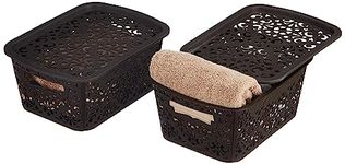 Amazon Brand - Solimo Royal Multipurpose Storage Basket With Lid - Small (Set Of 2, Brown) - Fabric, Rectangular