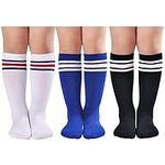 3 Pairs Toddler Knee High Socks Kids Soccer Socks Girls Three Stripes Tube Socks Over the Calf School Uniform Stockings Athletic Boys Children (Black+Blue+White&red blue,3-5 Years)