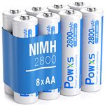 POWXS AA Rechargeable Batteries 2800mAh Ni-MH AA Batteries, 1200 Cycles Low Self-Discharge High Capactiy & Durable, Pack of 8