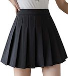 scicent Women Girls Short High Waist Pleated Skater Tennis School Skirt Solid Versatile Stretchy Flared Casual Black S UK 2 4