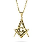 Bling Jewelry Black Oxidized Large Freemason Secret Society Square & Compass Masonic Symbol Pendant Necklace for Men Gold Plated Tone Stainless Steel with Bead Chain