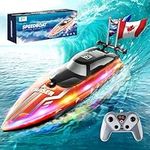 RC Boat with Dazzling LED Lights & Flag,2.4Ghz Remote Control Racing Boats for Kids 8-12,Toy Water Boat for Pools and Lakes with Waterproof,Rechargeable Battery, for Boys Girls RED