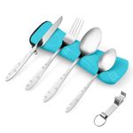 Vicloon Cutlery Set with Portable Pouch Case, 5PCS Stainless Steel Flatware Set with Bottle Opener, Travel Cutlery Set Spoon Knife and Fork for Camping Picnic Office School Lunch (Blue)