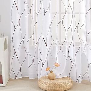 Deconovo Bronze Foil Printed, Wave Pattern, Semi Sheer Curtains - Grommet Top Voile Drapery, Linen Look White Drapes for Living Room, Bronze, 52Wx95L Inch, 2 Panels