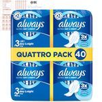 Sanitary Towels Multipack with 2X Always Sanitary Towels Ultra Day & Night with Wings (Size 3) 20 Pads - 40 Total Count - Comfort, Protection and Leak Guard