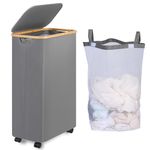 iEGrow Laundry Baskets 75L, Tall Washing Baskets for Laundry with Removable and Washable Inner Bag, Slim Thin Laundry Basket with Lid Wheels and Bamboo Handle for Laundry Room Bedroom Bathroom (Grey)