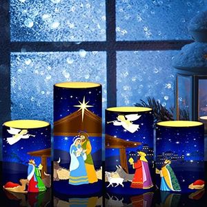 Tiamon Christmas Nativity Scene Candles LED Religious Theme Flameless Candles Battery Operated LED Warm Light Flickering Candles Xmas Pillar Candle Set for Holiday Table Decorations (Vivid)