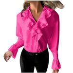 Ruffle Button Down Shirt for Women Solid Long Sleeve V-Neck Blouse Dressy Casual Business Formal Work Office Tops Hot Pink