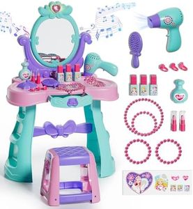 Lehoo Castle Kids Vanity Table and Chair Set with Mirror Light Music, Toddler Girls Makeup Table with Stool ＆ Hair Dryer, Pretend Play Princess Dress Up Vanity Set, Birthday Gifts for 3 Year Old Girl