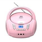 Portable CD Player Boombox with FM Stereo Radio,Bluetooth Wireless,CD-R/CD-RW/MP3/WMA Playback,USB MP3 Playback,3.5mm AUX Headphone Jack,AC/Battery Powered (Pink)