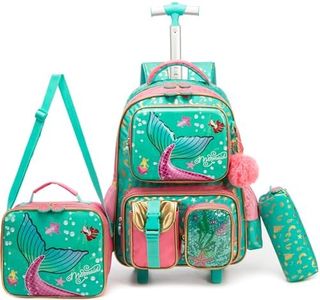 Meetbelify Kids Rolling Backpack with Wheels for Girls Boys Rolling Backpacks for Elementary Students, Girl Pink Mermaid, 16.5" x 11.8" x 7.8"