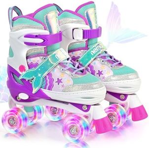 NEMONE Mermaid 4 Size Adjustable Light up Roller Skates for Girls, Green Rose Skates for Toddlers, Beginner Kids Roller Skates Indoor Outdoor (Purple Green L)