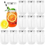 Tebery 12 Pack Clear Plastic Mason Jars with One Piece Lids, 16OZ Mason Cocktail Cup Shatterproof Drinking Jar, Refillable Round Empty Plastic Slime Storage Containers for Overnight Oats, Honey, Spices and Herbs