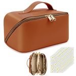 Makeup Organiser Make Up Bag: PU Leather Travel Makeup Bag - Large Cosmetic Bags for Women Girls - Brown Makeup Bags with Compartments