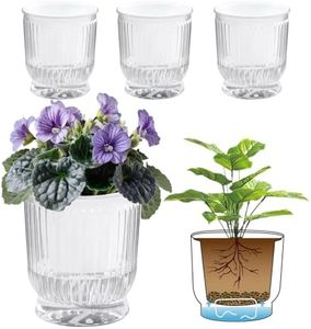 T4U 5 Inch Self Watering Planter, Plastic Orchid Pot with Cotton Rope Deep Water Tank, 4 Pack Plant Pot Set for All House Plants Flowers, Herb Pot, Hydroponics Pot, Transparent