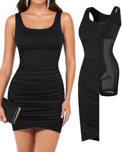 Popilush Shapewear Dress Ruched Dress Black Sleeveless Bodyson Dress Shaper Mini Dress for Women Summer Dress XXL