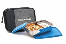 SignoraWare 150ml+850ml Big Compact Stainless Steel Lunch Box with Bag, Food Grade BPA Free Plastic, 2 Compartment Tiffin with Airtight Lids, Compact and Sleek Containers for Office School (Blue)