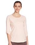 Enamor Essentials Women's Slim Fit Henley Neck 3/4th Sleeves Cotton Tee with Snap Button Placket Front & Sleeve Tab - E129(E129-Pink Pearl W/Energy-M)