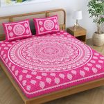 Colorish Cotton Blend Traditional Mandala Jaipuri Printed Bedsheet for Double Bed King Size with 2 Pillow Covers, Pink