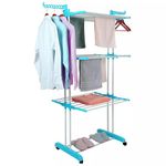 Zureni Cloth Drying Stand Heavy Duty Dryer with Foldable Portable 3 Layer Rack Double Pole & Wheel for Laundry Garment Balcony Hanging (Random, 10 Pipe, Stainless Steel+ABS, 6 Wings+4 Rails Each, 1Pc)