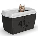 Jump-In Top Entry Cat Litter Box, Large Opening, Spacious & Deep Interior, Mess-Free Cat Toilet with Anti-Slip Coated Lid, Easy-Lift with Side Handles, (Black/White, 55x42.5x42)