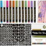 Temporary Tattoo Markers for Skin - Tattoo Pens for Body & Face Art with 111 Tattoo Stencil Papers, 12 Pens Make Bold and Fine Lines, Cosmetic Quality(BETY1)