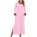 Generic U-520 Pink Womens Long Sleeve Nightgowns Loose Fit Dresses Pajamas Nightgowns for Ladies V Neck Spandex Casual Basic Maxi Long Nightgowns 2024 Clothes 9W M