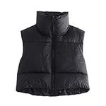 Edhomenn Women's PU Leather Puffer Vest Solid Color Stand Collar Quilted Waistcoat Sleeveless Padded Jacket Y2k Winter Coat (01 Black, S)