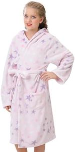 V.&GRIN Girls Fleece Hooded Robe, Soft Plush Warm Bathrobe Cozy Unicorn Sleepwear Gift for 5-14 Years （Pink/Stars 5-6）