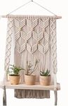 Love n Beyond Macrame Plant Hangers Indoor Outdoor Wall Planter Decorative Flower Pot Holder Boho Home Decor, with Real Wood Shelve (White)..