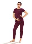 PASTEL CLIP Pajamas Cotton Star Printed Maternity Night Suits for Women's Feeding, Wine, Medium, 7002